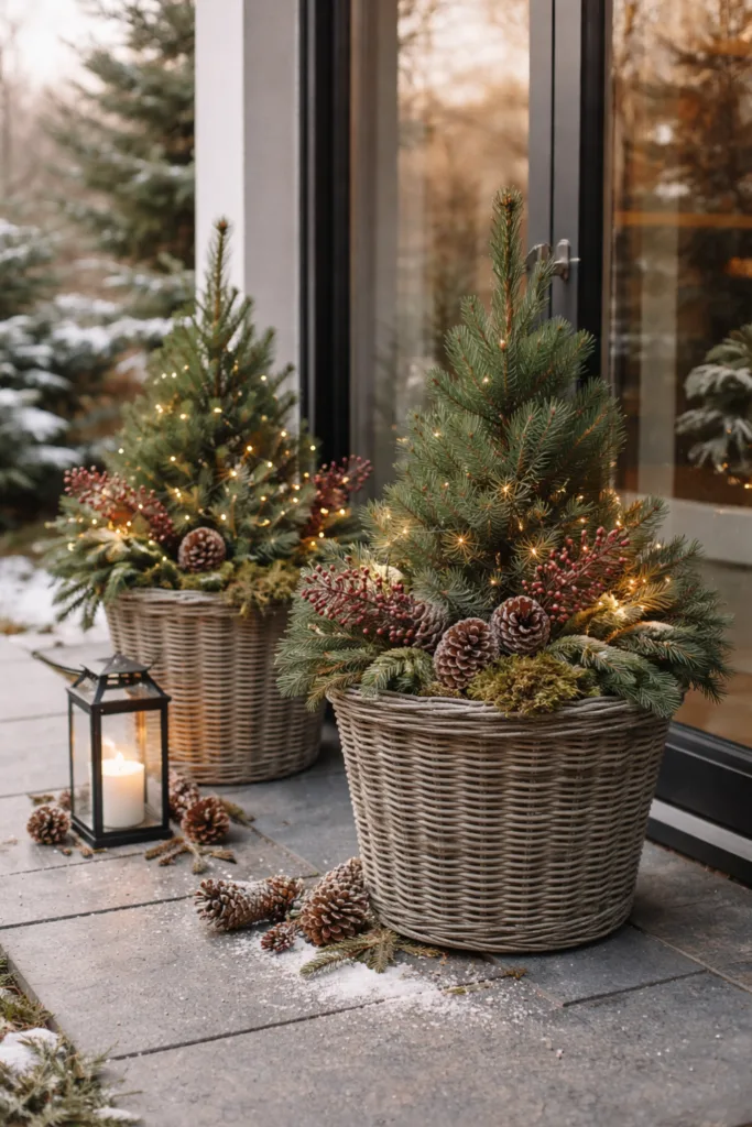 Zwei winterlich dekorierte Pflanzkübel mit Tannenzweigen und Lichterkette an der Terrassentür