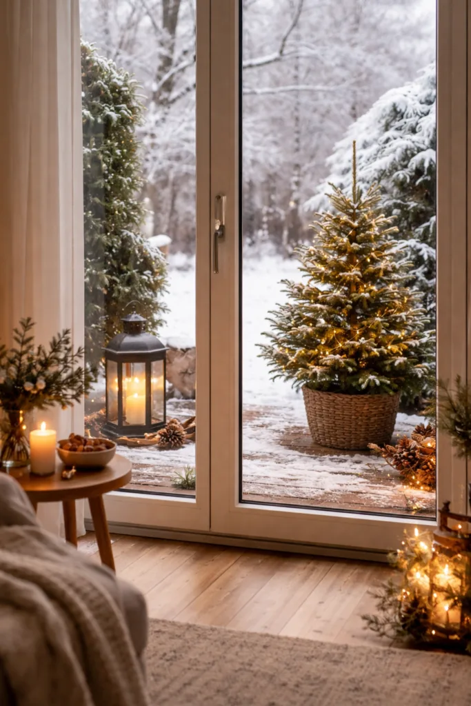 Winterlich dekorierte Terrassentür mit Tannenbaum, Laterne und Lichterkette im Schnee