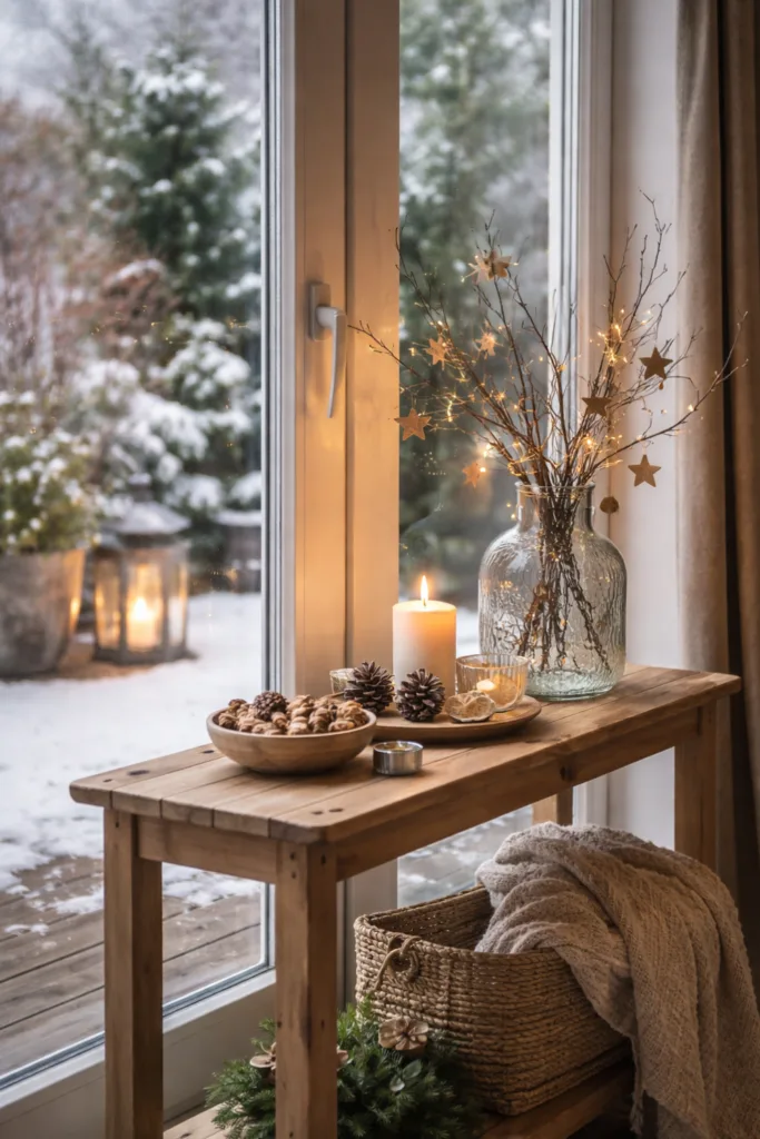 Winterlich dekorierte Terrassentür mit Kerze, Zweigen und Lichterkette im natürlichen Licht