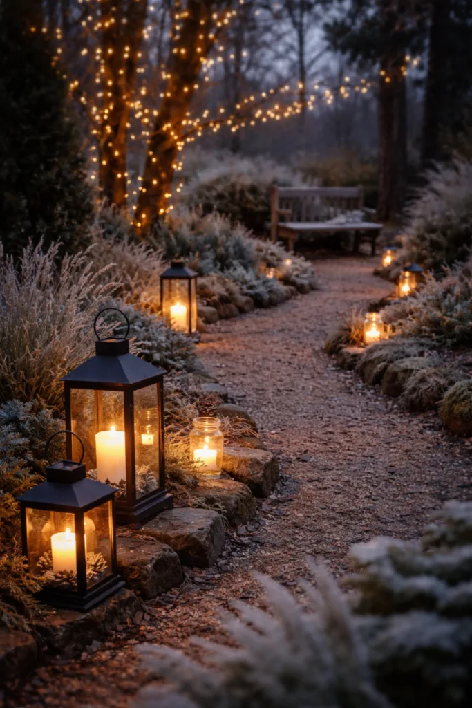 Leuchtende Laternen und Lichterketten schaffen winterliche Wärme im großen Garten