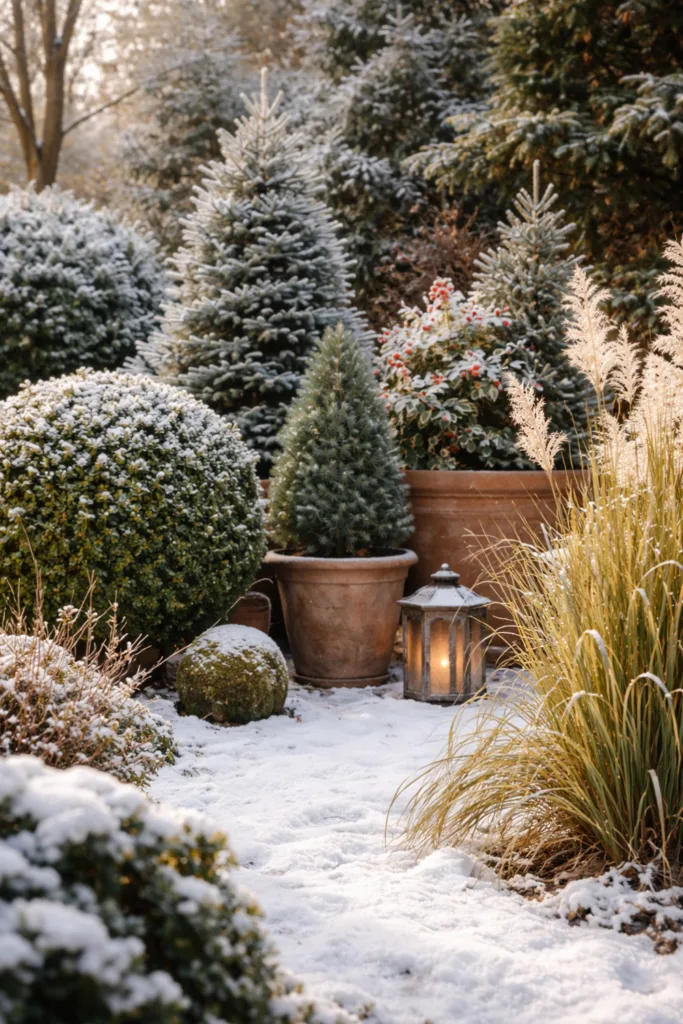 Winterdeko im großen Garten mit Laterne, Schnee, Gräsern und Tannen