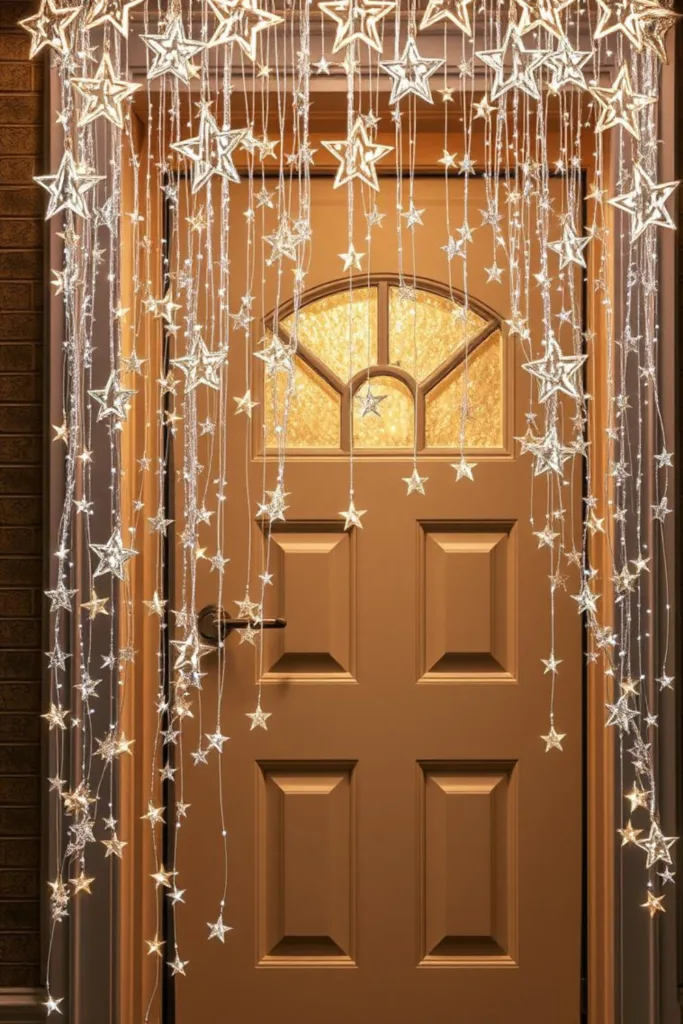 Silvesterdeko Hauseingang mit hängenden LED-Sternen und Lichtervorhang für festliche Stimmung