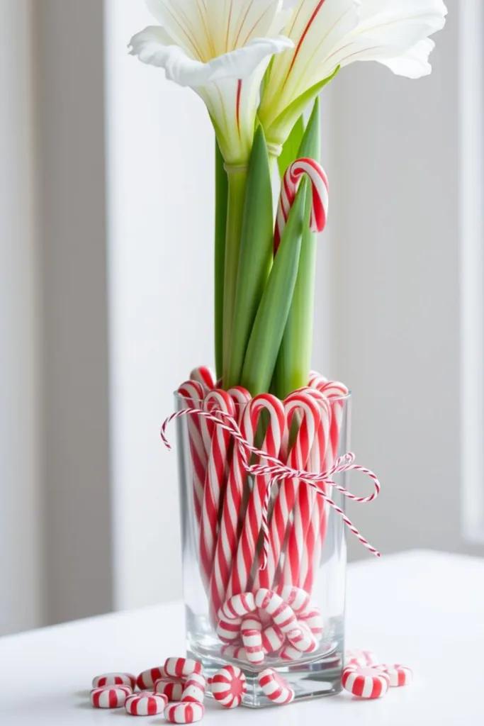 Weihnachtliche Amaryllis im Glas - 8 wunderschöne Dekoideen Weihnachtliche Amaryllis im Glas mit rot-weißen Zuckerstangen als festliche Tischdeko