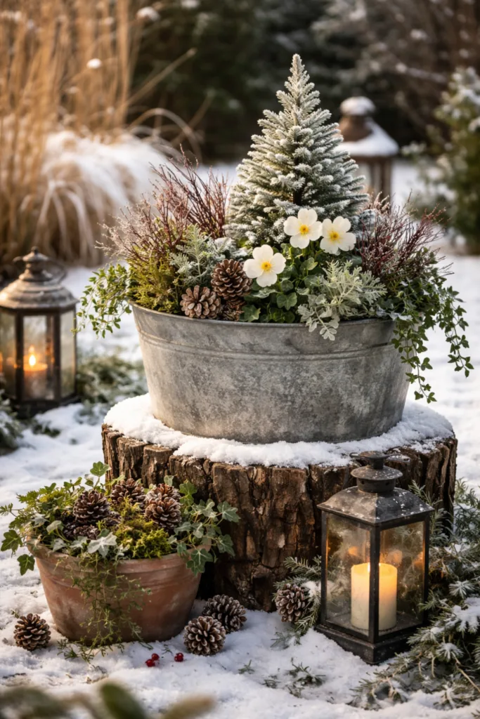 Winterdeko im großen Garten mit Pflanzgefäßen, Lichtern und natürlicher Winterbepflanzung