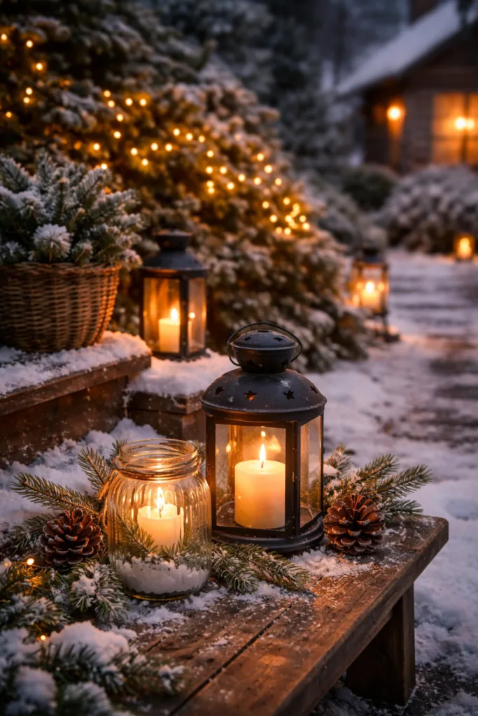Winterdeko für draußen: 5 Ideen, die sofort Gemütlichkeit bringen Laternen, Kerzen und Lichterketten als stimmungsvolle Winterdeko im verschneiten Garten
