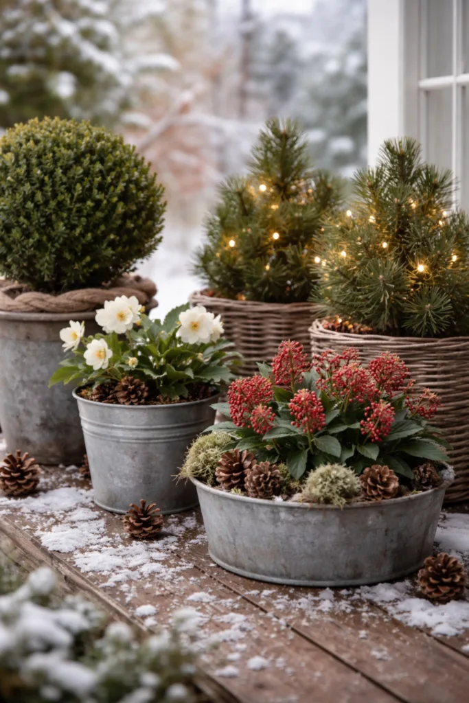 Winterdeko für draußen: 5 Ideen, die sofort Gemütlichkeit bringen Winterdeko draußen mit immergrünen Pflanzen in Töpfen, Lichterkette und Schnee