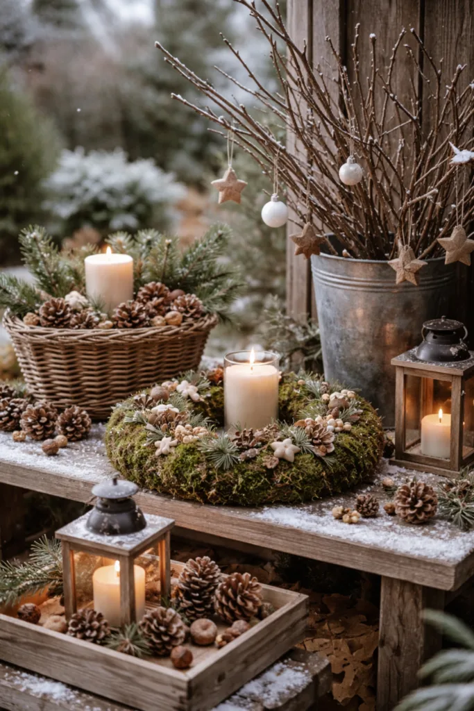 Winterdeko für draußen: 5 Ideen, die sofort Gemütlichkeit bringen Winterdeko draußen mit Mooskranz, Kerzen und Naturmaterialien im Garten