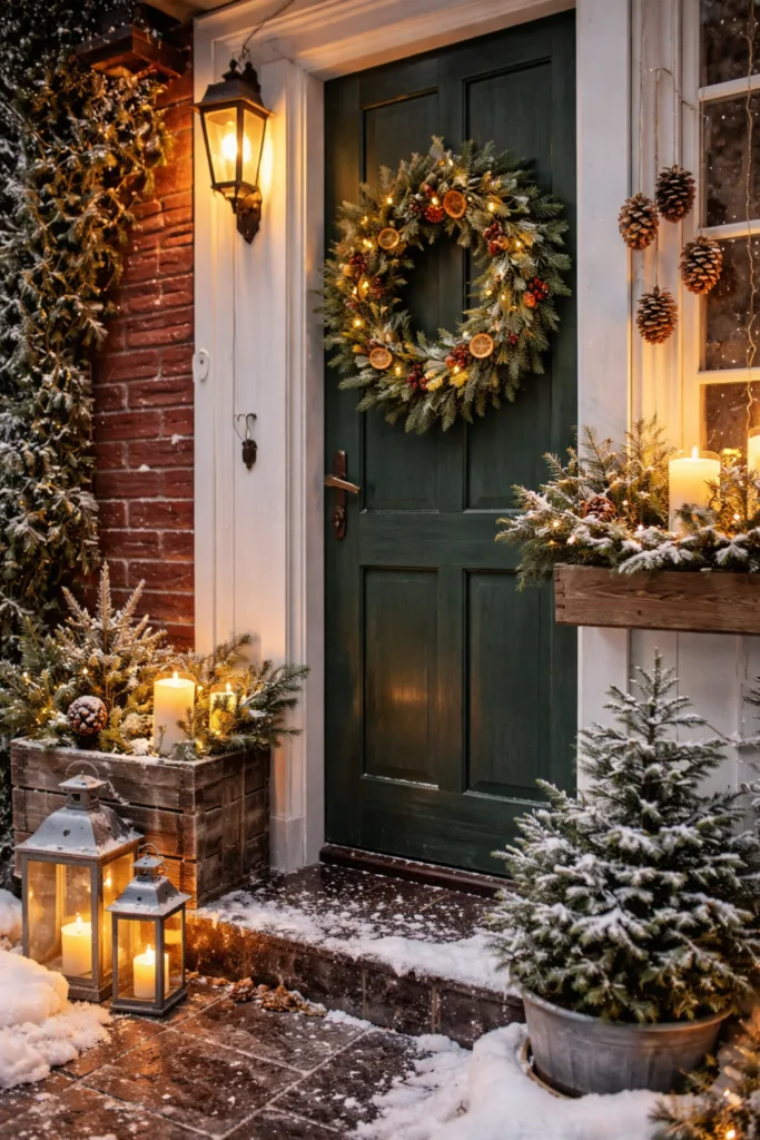Winterdeko für draußen: 5 Ideen, die sofort Gemütlichkeit bringen Winterdeko draußen mit Kranz, Kerzen und Lichterketten an verschneiter Haustür