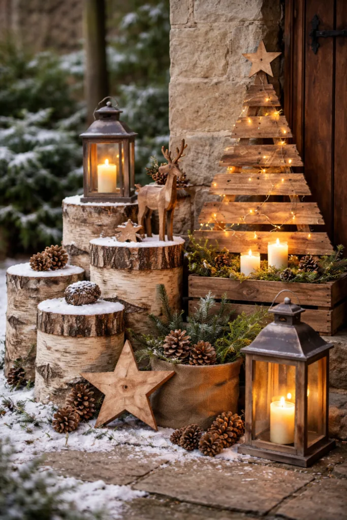 Winterdeko für draußen: 5 Ideen, die sofort Gemütlichkeit bringen Winterdeko draußen mit Holz, Kerzen, Lichterkette und Tannenzapfen im Garten