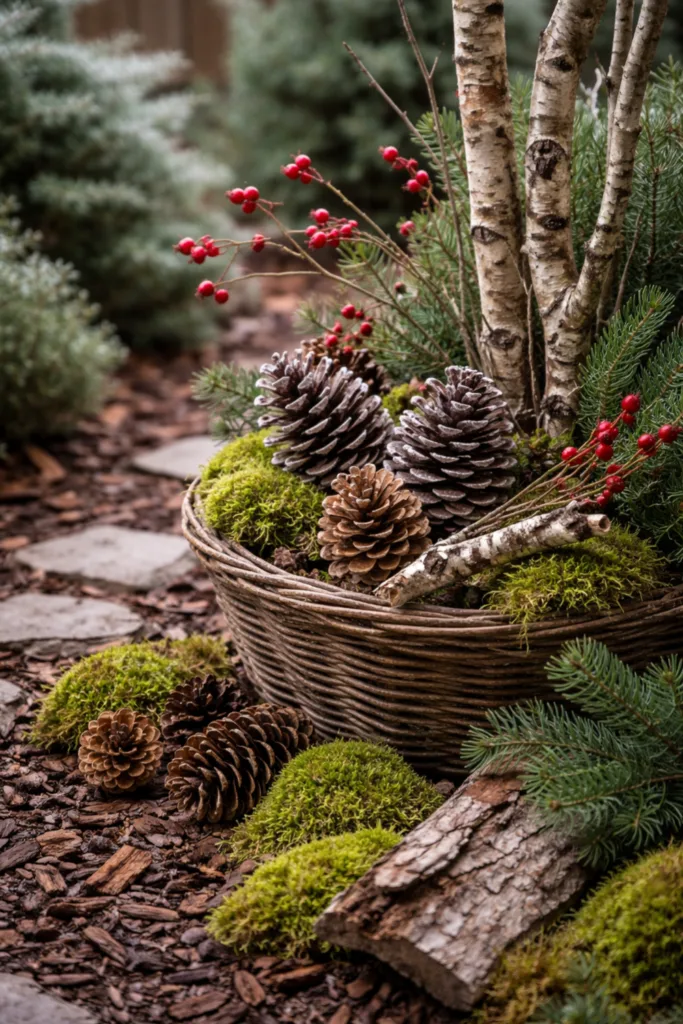 Winterdeko im Beet mit Tannenzapfen, Moos und Zweigen zwischen wintergrünen Pflanzen