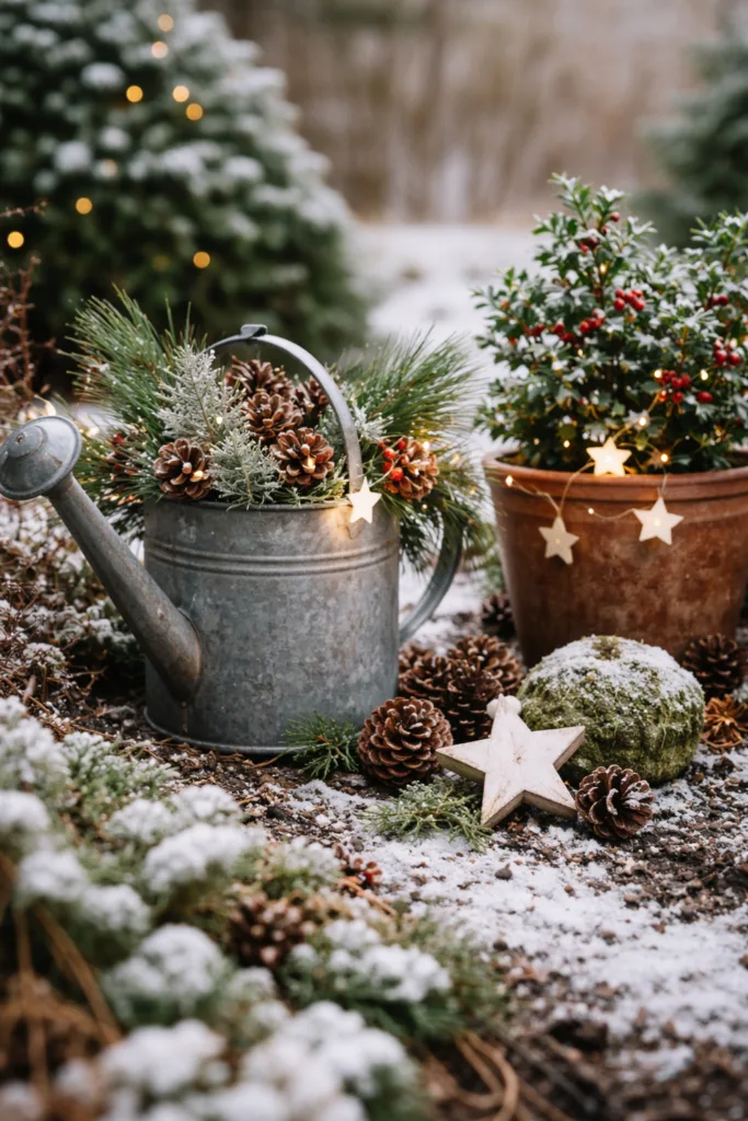 Zinkkanne mit Tannenzweigen, Zapfen und Laterne als Winterdeko im Beet