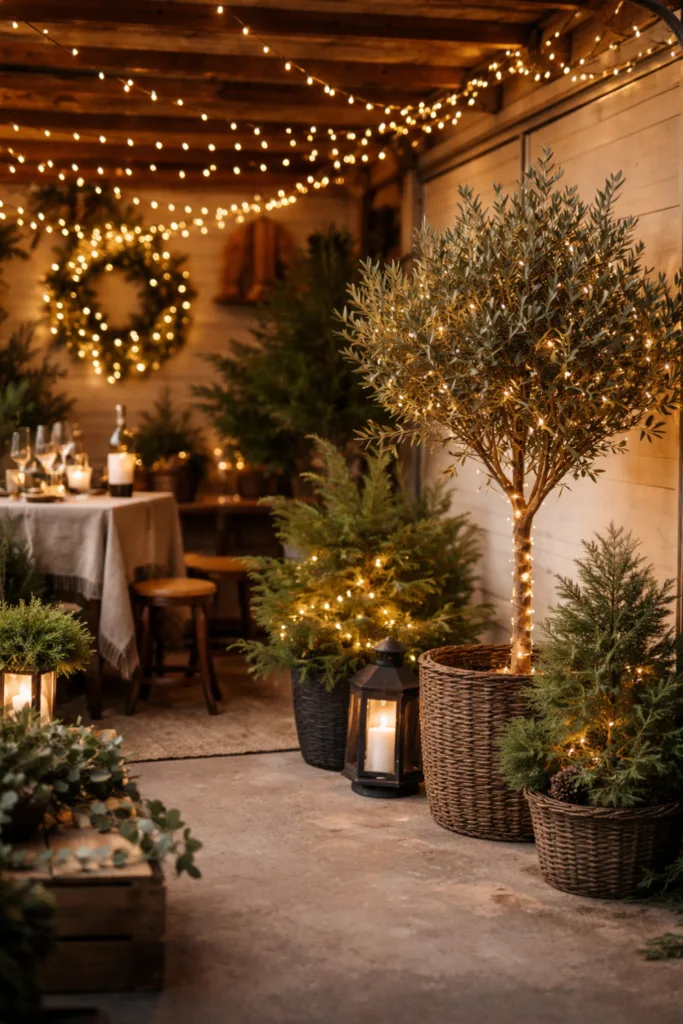 Silvesterparty in der Garage mit dezenter Motto-Deko, Pflanzen, Lichterketten und warmer Beleuchtung für festliche Stimmung