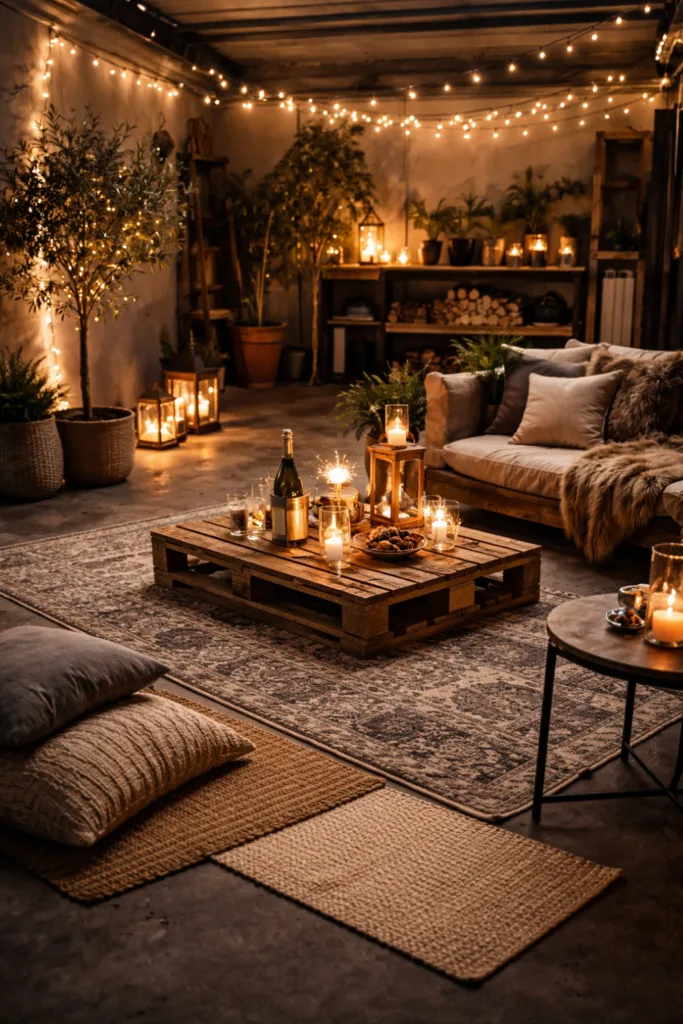 Silvesterparty in der Garage mit gemütlicher Deko, Lichterketten, Pflanzen und Palettenmöbeln für festliche Atmosphäre