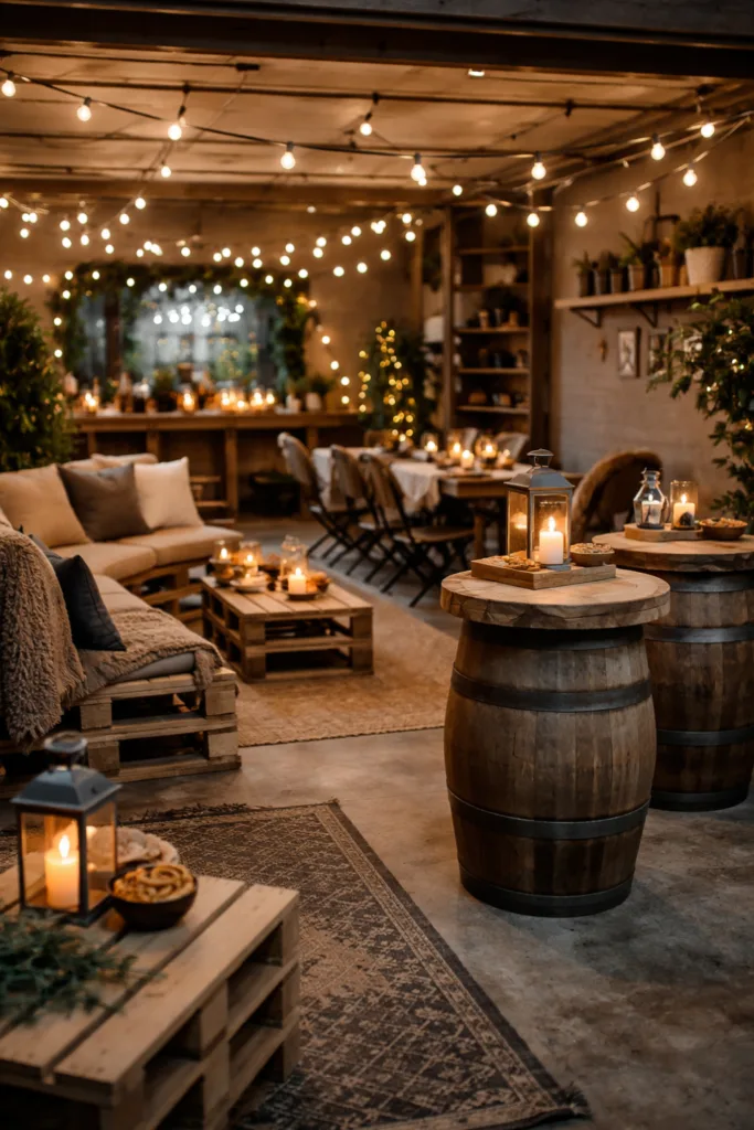 Silvesterparty in der Garage mit warmer Beleuchtung, Holzfässern, Pflanzen und dezenter Silvester-Deko in natürlichem Stil