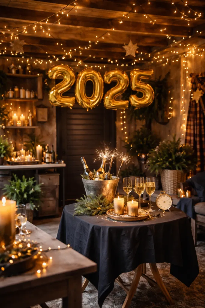 Silvesterparty in der Garage mit dezenter Deko, warmem Licht, Goldakzenten und gemütlicher Atmosphäre