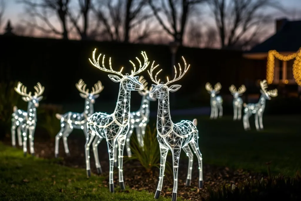 Mehrere hell beleuchtete Deko-Rentiere stehen im Garten und erzeugen eine stimmungsvolle winterliche Atmosphäre.