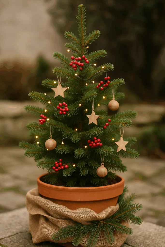 Kleiner Weihnachtsbaum im Topf mit Lichterkette und Holzdeko im kleinen Garten