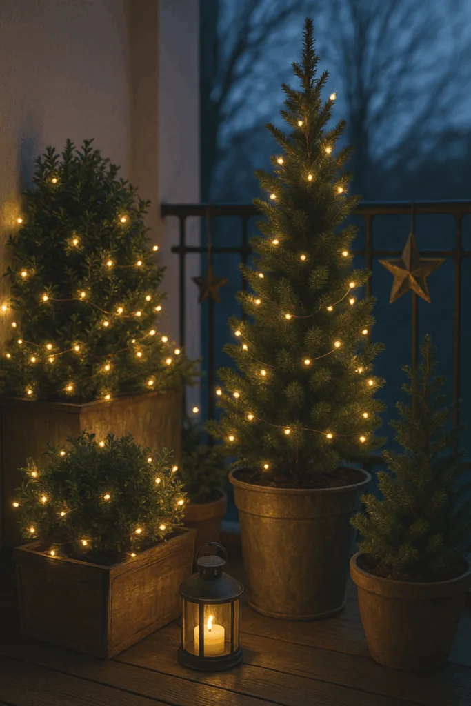 Weihnachtsdeko für den Balkon - 5 schöne Ideen mit echtem Wow-Effekt Weihnachtsdeko für den Balkon mit Tannenbäumchen, Lichterketten und Laterne
