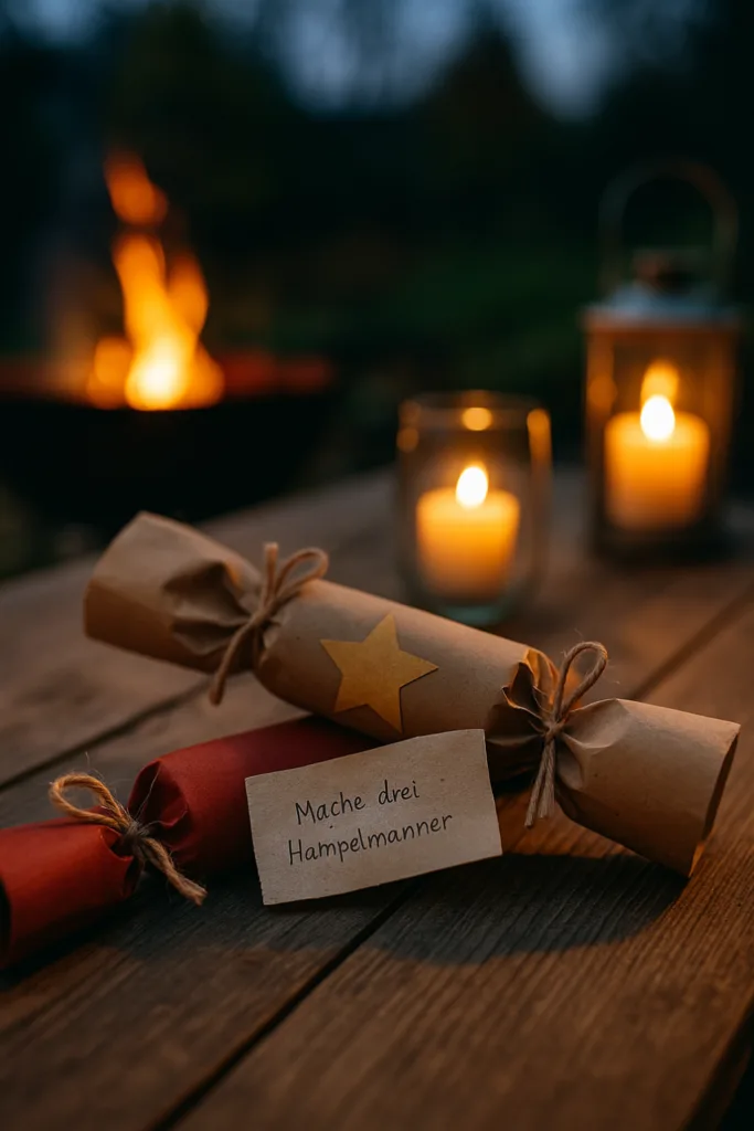 Silvesterparty im Garten - 5 Spielideen für einen unvergesslichen Jahreswechsel Selbstgemachte Knallbonbons auf Holztisch bei einer Silvesterparty im Garten