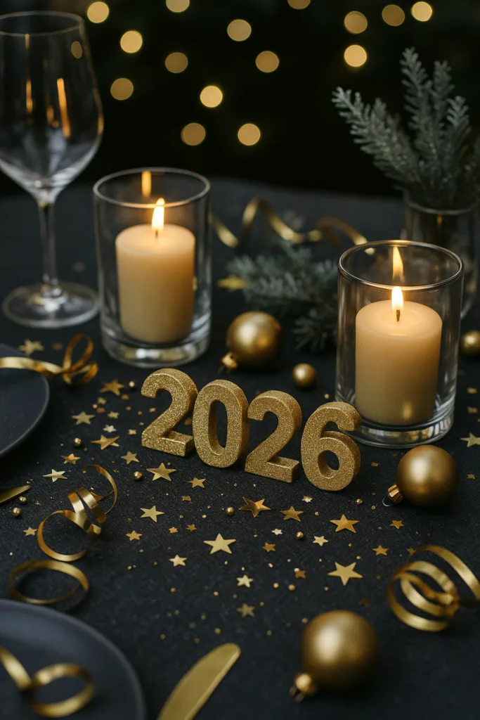 Festlich gedeckter Gartentisch mit goldener Silvesterdeko und Kerzen für 2026
