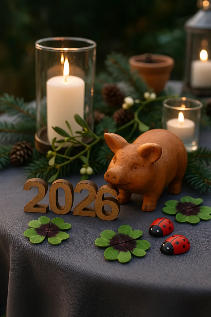 Silvesterdeko 2026 mit Glücksschwein, Kleeblättern und Kerzen auf Gartentisch