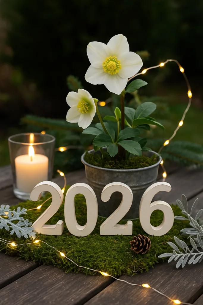 Silvesterdeko 2026 mit Christrose, Moos, Kerze und Lichterkette auf Gartentisch