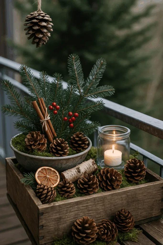 Weihnachtsdeko für den Balkon - 5 schöne Ideen mit echtem Wow-Effekt Rustikale Weihnachtsdeko auf dem Balkon mit Tannenzweigen, Zapfen und Kerze