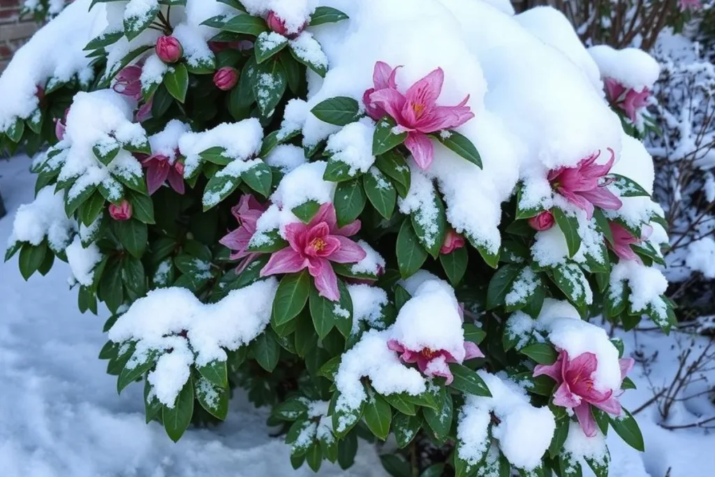 Pink blühender Strauch mit Schnee im Garten – Pflanzen im Dezember vom Schnee befreien.