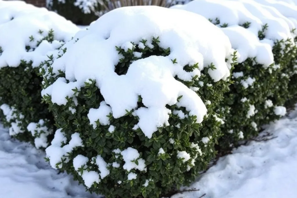 Verschneiter Buchsbaum im Garten – immergrüne Pflanzen im Dezember vom Schnee befreien.