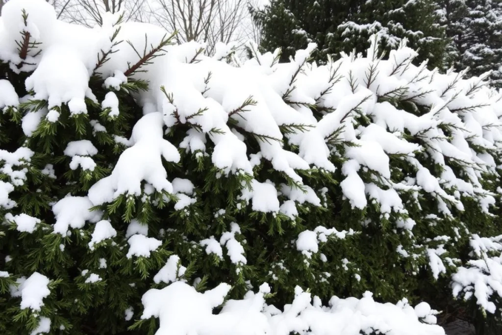 Verschneite Thujahecke im Garten – Heckenpflanzen im Dezember vom Schnee befreien.