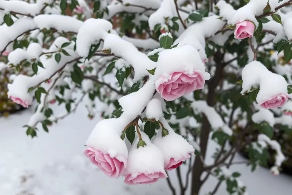 Rosen mit Schnee bedeckt im Garten – Strauchrosen im Dezember vom Schnee befreien.