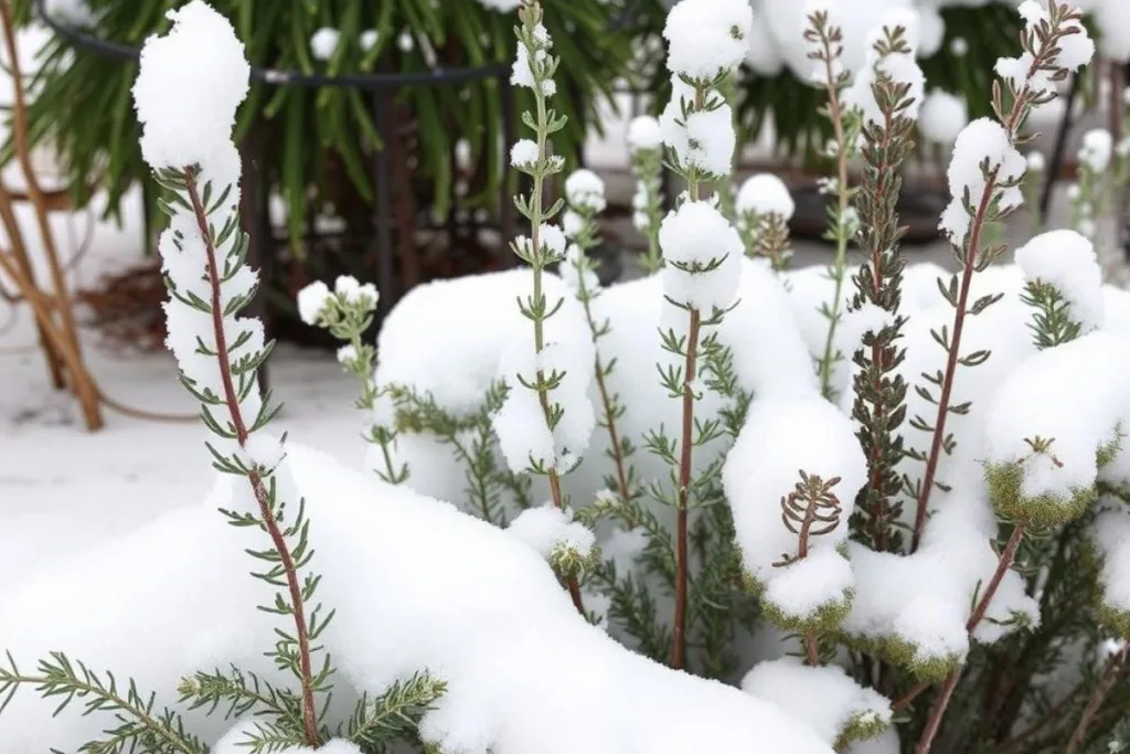 Schneebedeckte Kräuter im Garten – Rosmarin, Salbei und Thymian im Dezember vom Schnee befreien.