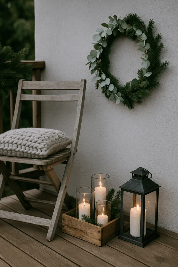 Weihnachtsdeko für den Balkon - 5 schöne Ideen mit echtem Wow-Effekt Skandinavische Weihnachtsdeko auf Balkon mit Holzstuhl, Eukalyptuskranz und Kerzen