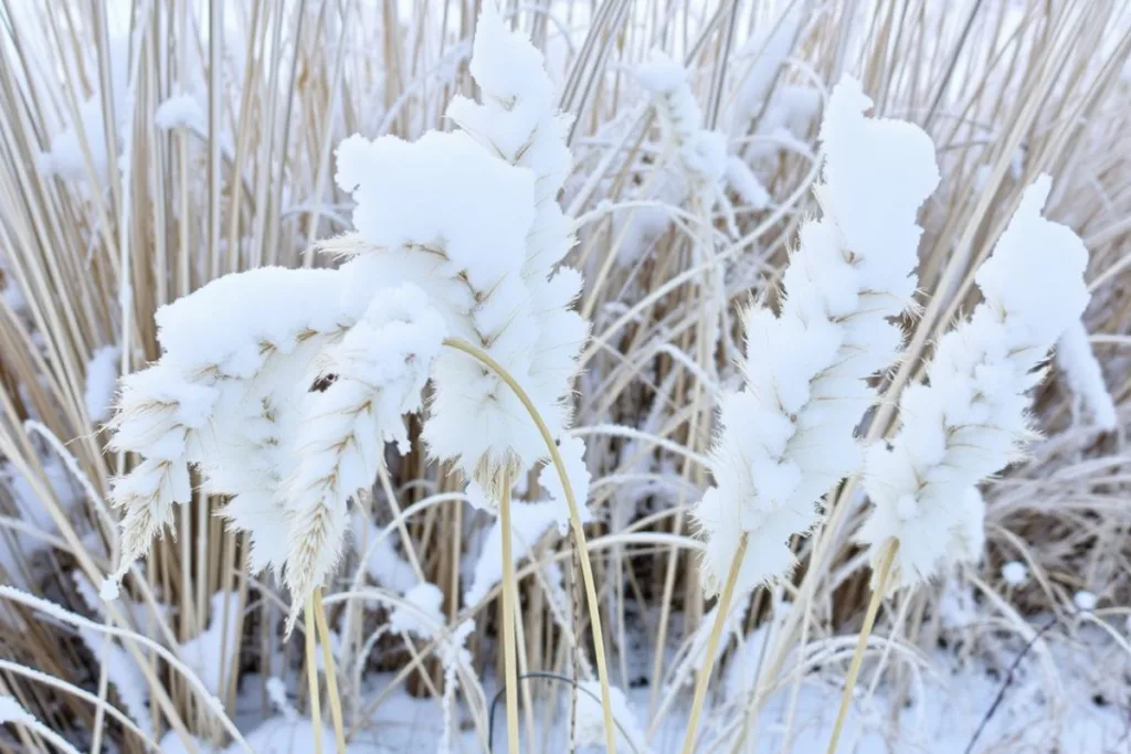 Verschneites Pampasgras im Garten – Gräser im Dezember regelmäßig vom Schnee befreien.