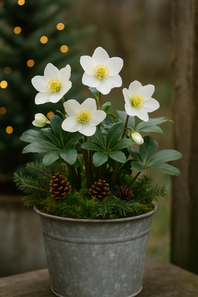 Christrosen Deko - 5 wunderschöne Ideen für Weihnachten und Winter Christrosen Deko im Zinktopf mit Moos und Tannenzapfen für Weihnachten