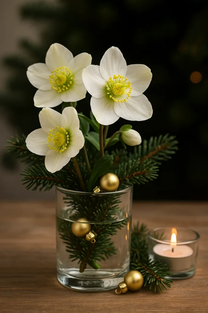 Christrosen Deko - 5 wunderschöne Ideen für Weihnachten und Winter Christrosen Deko im Glas mit Tannenzweigen und Kerze für Weihnachten