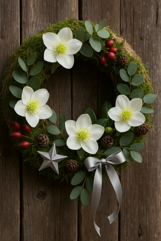 Christrosen Deko - 5 wunderschöne Ideen für Weihnachten und Winter Christrosen Deko Kranz mit Moos, Eukalyptus und Schleife für Weihnachten und Winter