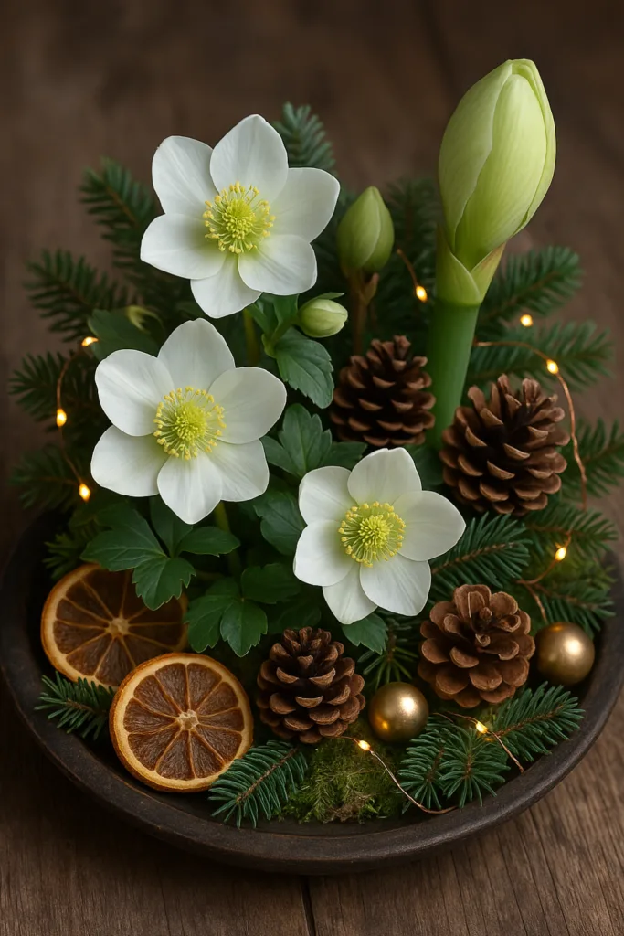 Christrosen Deko - 5 wunderschöne Ideen für Weihnachten und Winter Christrosen Deko mit Tannenzweigen, Zapfen und Lichterkette für Weihnachten und Winter