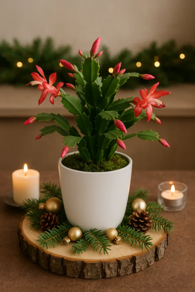 6 schöne Ideen, wie du deinen Weihnachtskaktus dekorieren kannst! Weihnachtskaktus Deko auf Holzteller mit Tannenzweigen, Kerzen und Kugeln