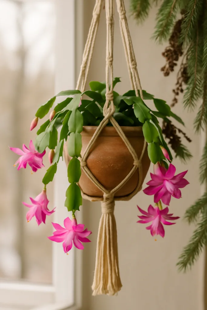 6 schöne Ideen, wie du deinen Weihnachtskaktus dekorieren kannst! Weihnachtskaktus Deko im Makramee-Hänger mit pinken Blüten am Fenster