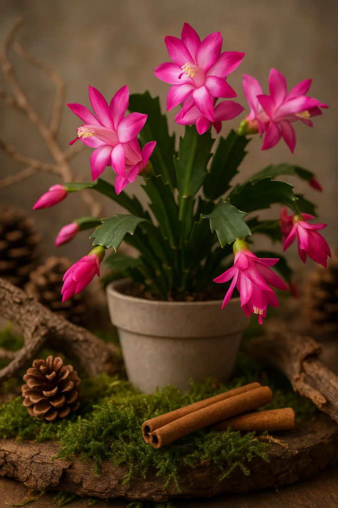 6 schöne Ideen, wie du deinen Weihnachtskaktus dekorieren kannst! Weihnachtskaktus Deko mit Moos, Tannenzapfen und Zimtstangen auf Holzbrett