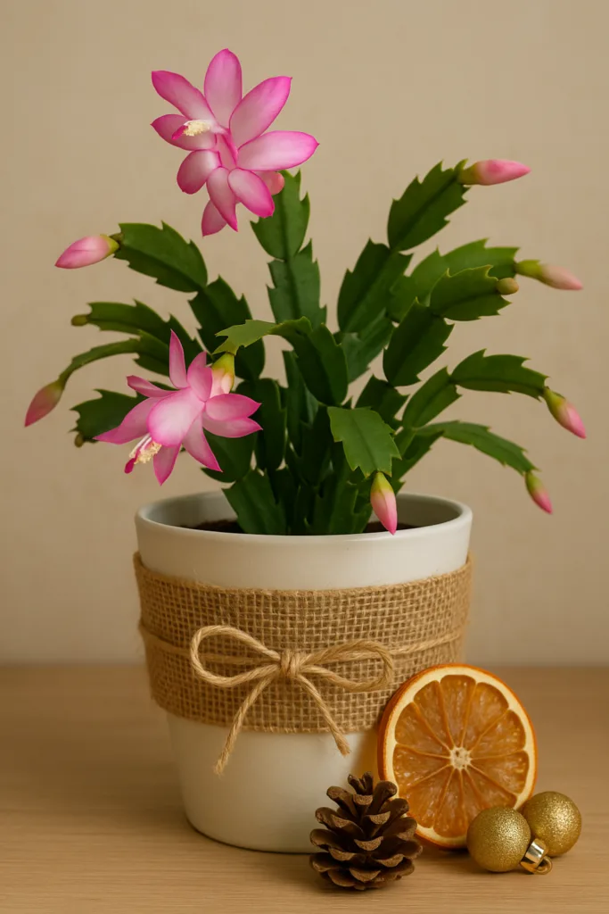 6 schöne Ideen, wie du deinen Weihnachtskaktus dekorieren kannst! Weihnachtskaktus Deko mit Juteband, Tannenzapfen und getrockneter Orangenscheibe