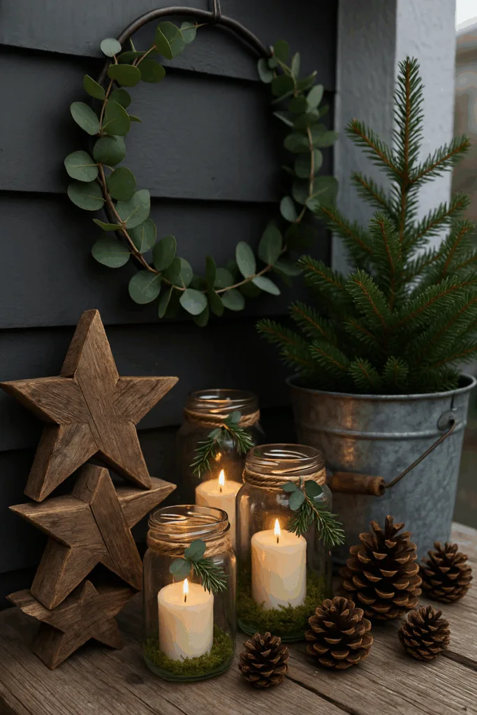 Weihnachtsdeko für den Balkon - 5 schöne Ideen mit echtem Wow-Effekt Weihnachtsdeko Balkon mit Holzsternen, Glaswindlichtern, Eukalyptuskranz und Tannenzweigen