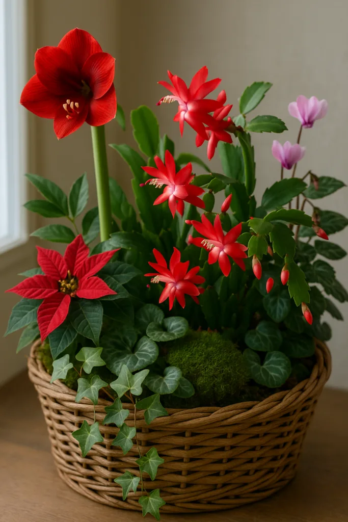 6 schöne Ideen, wie du deinen Weihnachtskaktus dekorieren kannst! Weihnachtskaktus Deko mit Amaryllis, Weihnachtsstern und Moos im Korb