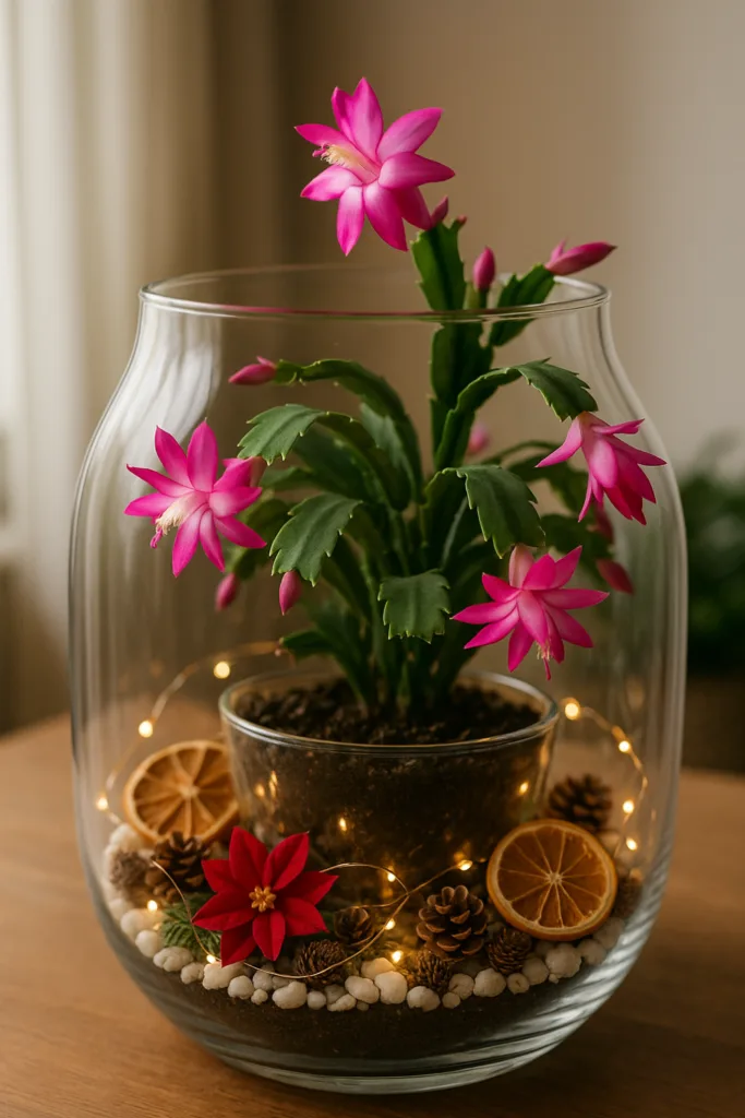 6 schöne Ideen, wie du deinen Weihnachtskaktus dekorieren kannst! Blühender Weihnachtskaktus als Deko im Glas mit Lichtern und Naturmaterialien