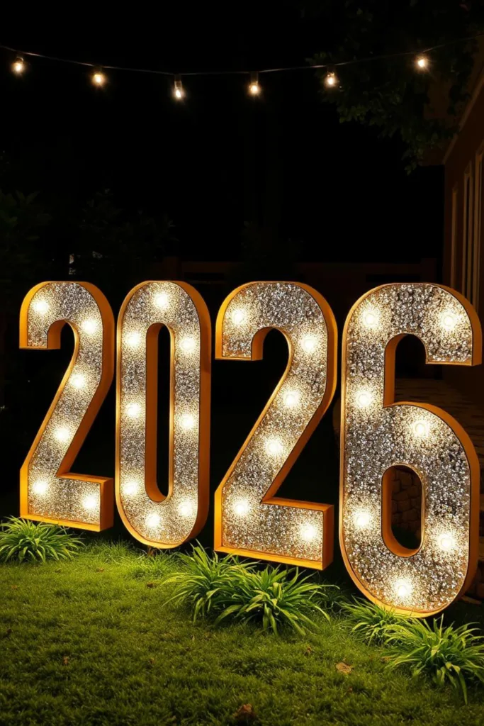 Beleuchtete Jahreszahlen als moderne Silvesterdeko für den Außenbereich im Vorgarten