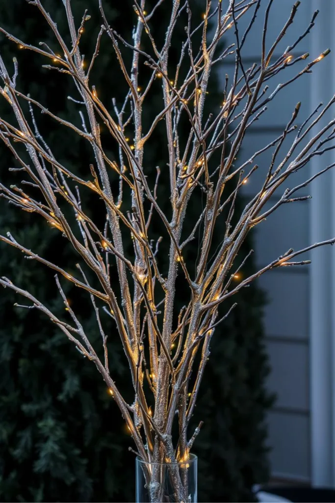 Lichterzweige in Vase als Silvesterdeko für den Außenbereich auf Terrasse oder Eingang