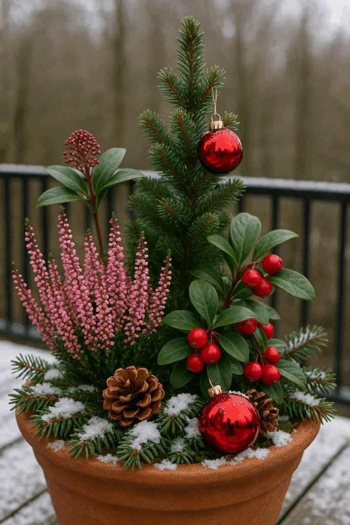Weihnachtsdeko für den Balkon - 5 schöne Ideen mit echtem Wow-Effekt Weihnachtsdeko für den Balkon mit Tannenzweig, roten Kugeln und Winterpflanzen