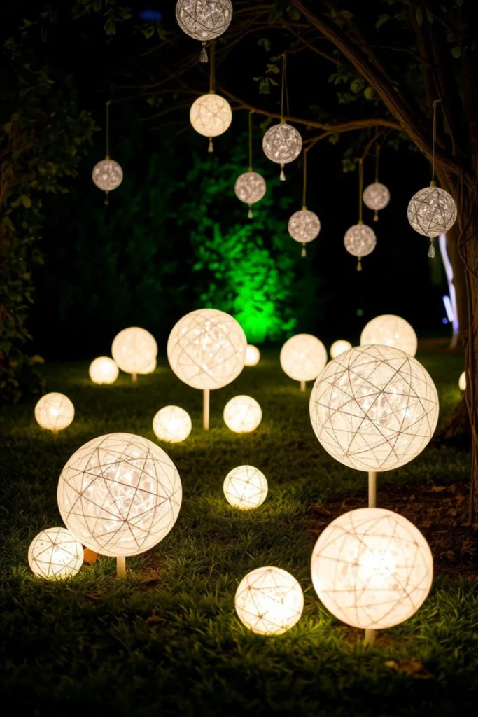 Leuchtende Kugeln als Silvesterdeko für den Außenbereich auf Rasen und Beeten