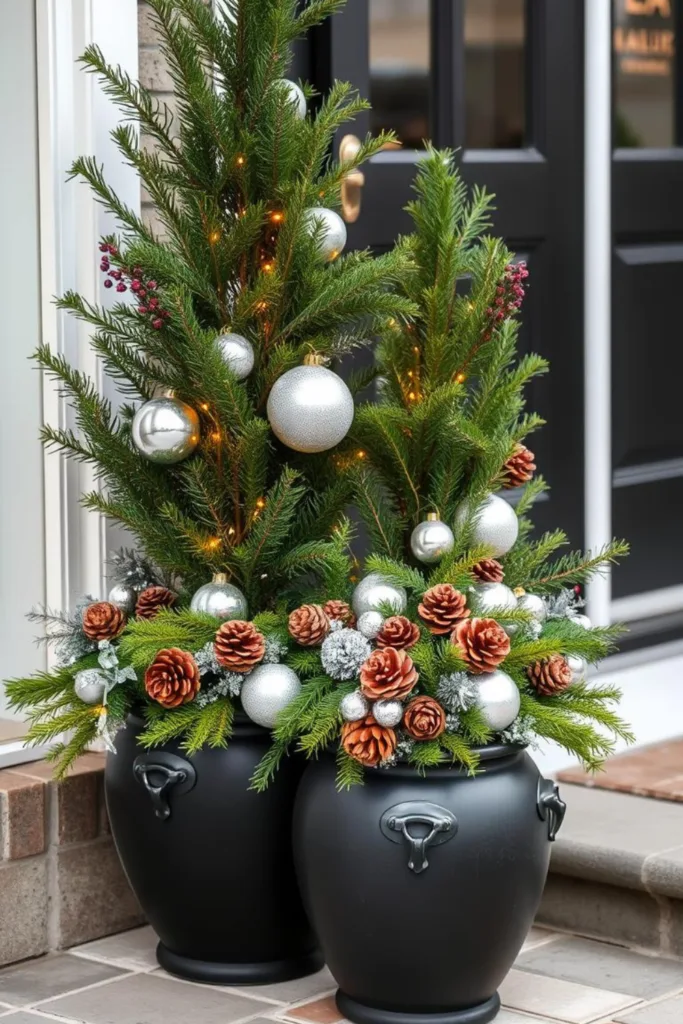 Bepflanzte Kübel mit Lichtern als Silvesterdeko für den Außenbereich am Hauseingang